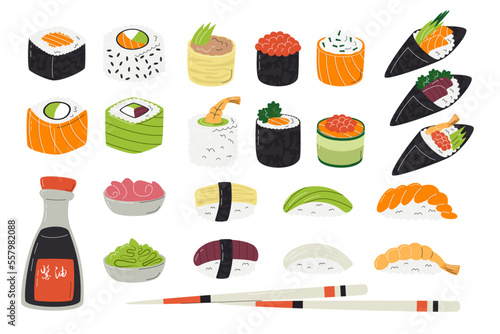 Sushi big collection with nigiri rolls soy sause wasabi ginger and chopsticks isolated on white. Popular asian food with rice and seafood. Japanese cuisine related hand drawn flat vector illustration