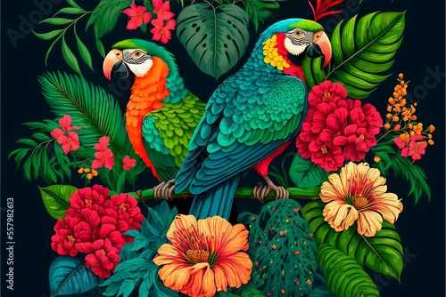 Tropical flowers and leaves of various species with parrots perched on branch. Birds and bright colors floral on dark green background.