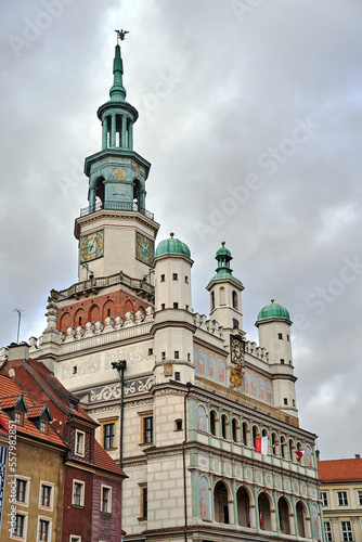 The facade with stone arcades and tower of the historic Renaissance town hall in Poznan