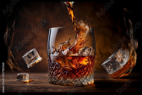 Alcoholic drink with ice, cocktail, splash, rum, liquor, cognac, whiskey, bar. ai generative photo