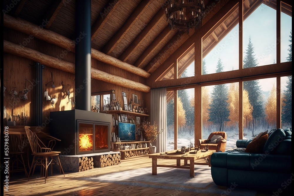 a living room with a couch and a fire place in the middle of the room and a large window with a view of the woods outside