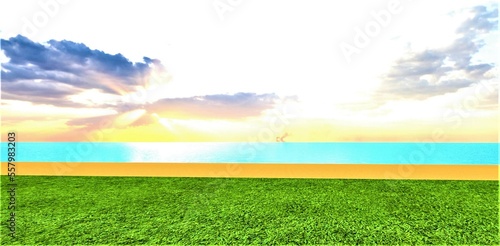 A fabulous sunset behind the clouds over the turquoise surface of a calm ocean. Green grass and yellow still warm sand. 3d rendering.