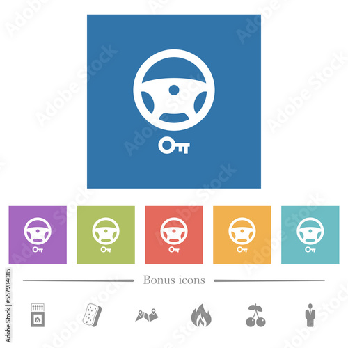 Steering lock flat white icons in square backgrounds