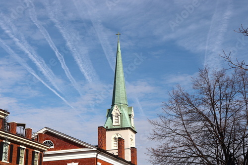 Green Steeple, Church Spire, Cloud-Studded Blue Sky