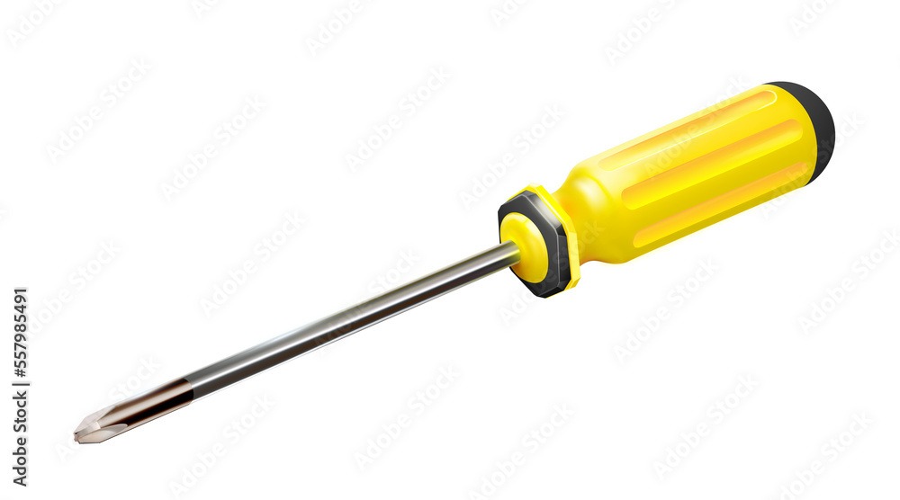 Yellow professional realistic screwdriver with a plastic handle. isometric 3d construction tool isolated. Cruciform for repair and construction.png - obrazy, fototapety, plakaty 