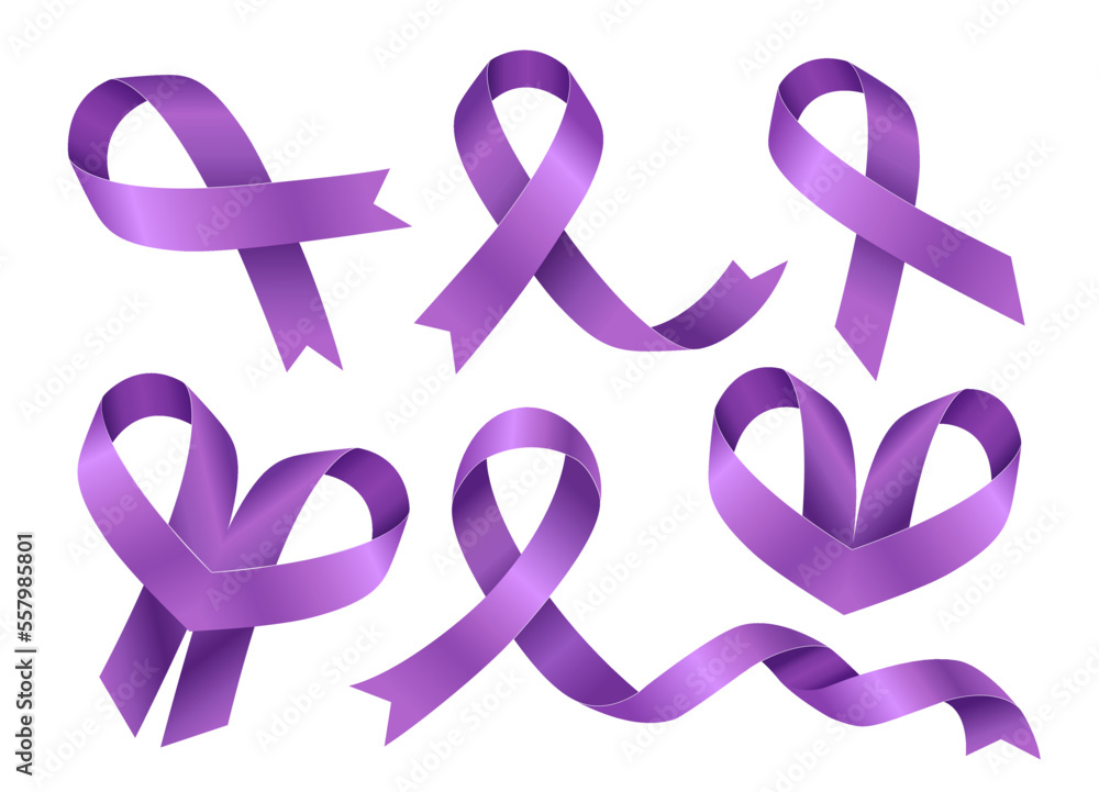 Big set of purple ribbons. Symbol of the fight against cancer. World ...