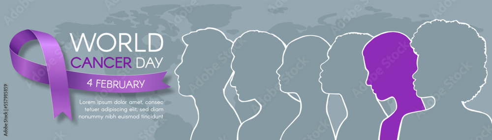 World Cancer Day. Long horizontal banner with ribbon, space for text, and different people. Vector flat illustration. World Cancer Day. Long horizontal banner with ribbon, space for text, and different people. Vector flat illustration.