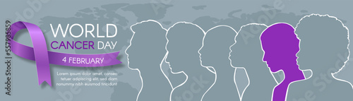 World Cancer Day. Long horizontal banner with ribbon, space for text, and different people. Vector flat illustration.