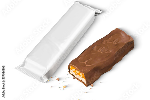 Closeup of chocolate,peanut and caramel bar transparent background high quality details - 3d rendering photo