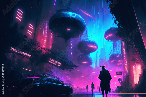 Futuristic neon cyberpunk city with the silhouette of an alien hero. Downtown sci-fi concept at night with skyscraper, highway and billboards. Gen Art