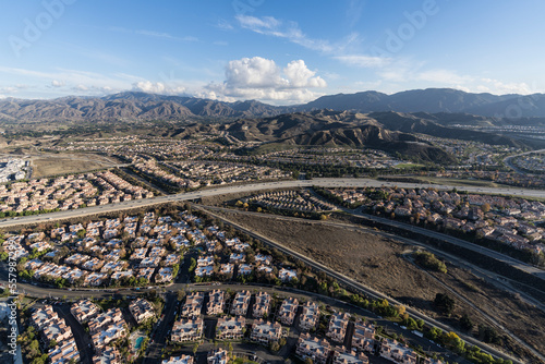 Aerial view of the Santa Clarita Valley and 14 freeway in Los Angeles County California.