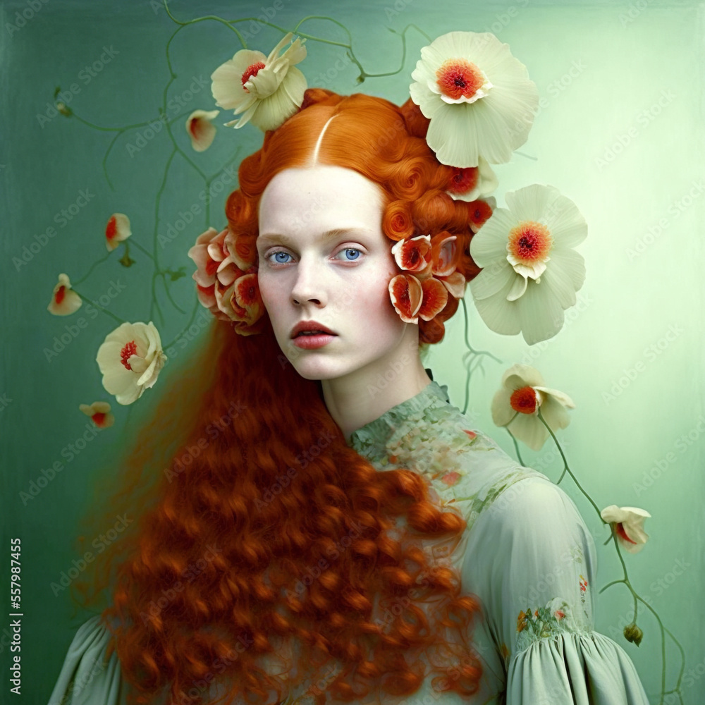 Beautiful young redhead woman with flowers. AI generated image. Stock  Illustration | Adobe Stock