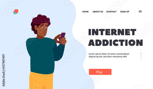 Internet Addiction Landing Page Template. Black Man with Mobile Phone. Cheerful Male Character Scroll Through Messages
