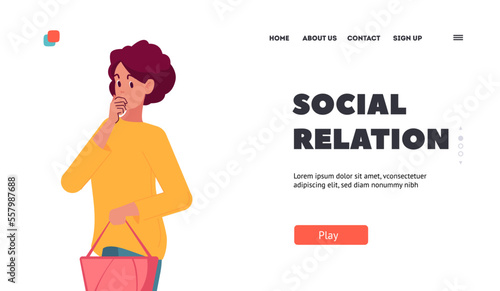 Social Relations Landing Page Template. Pensive Female Character Thinking. Thoughtful Woman Solving Problem