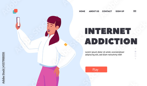 Internet Addiction Landing Page Template. Modern Fashionable Asian Girl Teenager Making Selfie on Smartphone