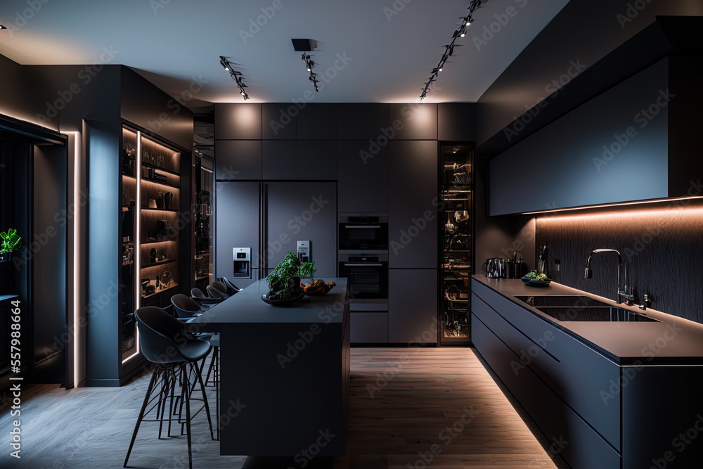 An ultra modern, spacious apartment with a trendy luxury kitchen decor in dark hues, very cool