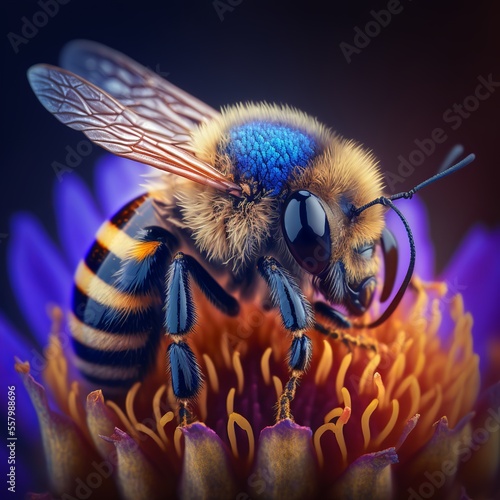 3d render of a bee on a flower. Close up macro shot of pollination of a bee. 