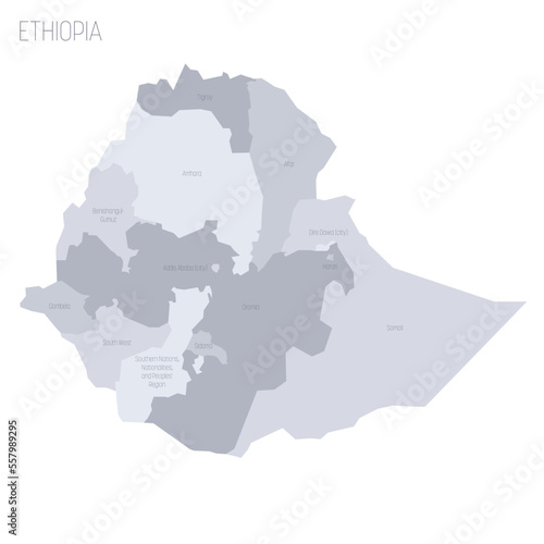 Ethiopia political map of administrative divisions - regions and chartered cities. Grey vector map with labels.