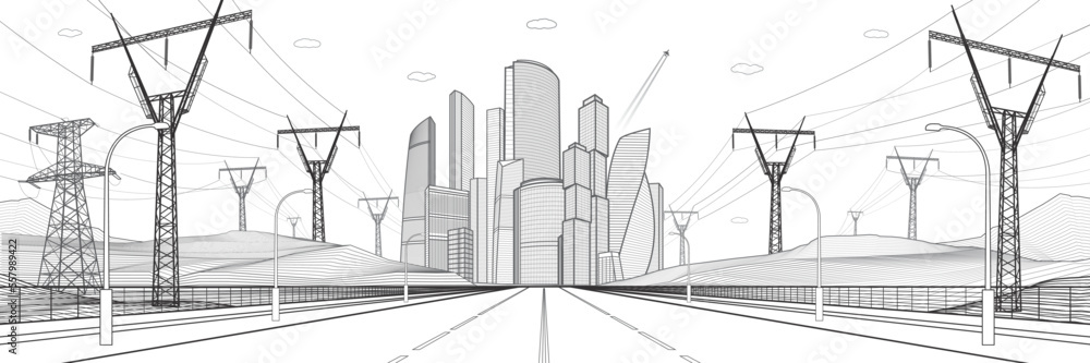 Large highway. Modern city illustration. High voltage transmission systems. Network of interconnected electrical. Mounrains and enegry pylons at white background. Gray outlines, vector design  