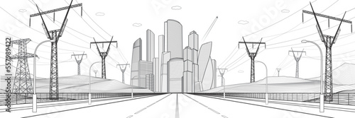 Large highway. Modern city illustration. High voltage transmission systems. Network of interconnected electrical. Mounrains and enegry pylons at white background. Gray outlines, vector design 