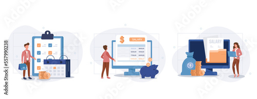 Financial administration set. Business accounting, organization and audit concept. Characters calculating and filling salary pay slip and payroll report.  Vector illustration.