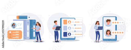 Job recruitment illustration set. Hr manager searching potential job candidates and planning human resources. Character writing CV and applying for work position. Hiring concept. Vector illustration
