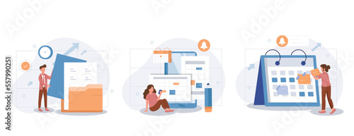 Schedule management illustration set. Business and organization concept. Characters planning and organizing work tasks, making calendar appointments and to do list. Vector illustration.