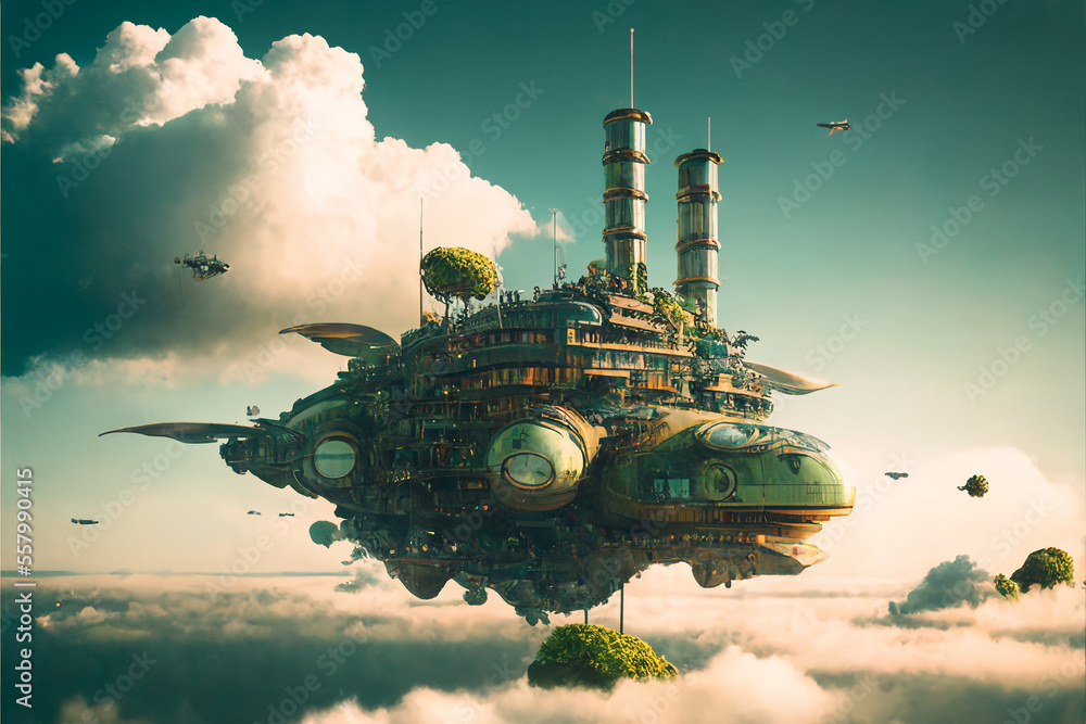 Steampunk futuristic floating cities - Created with Generative ai technology