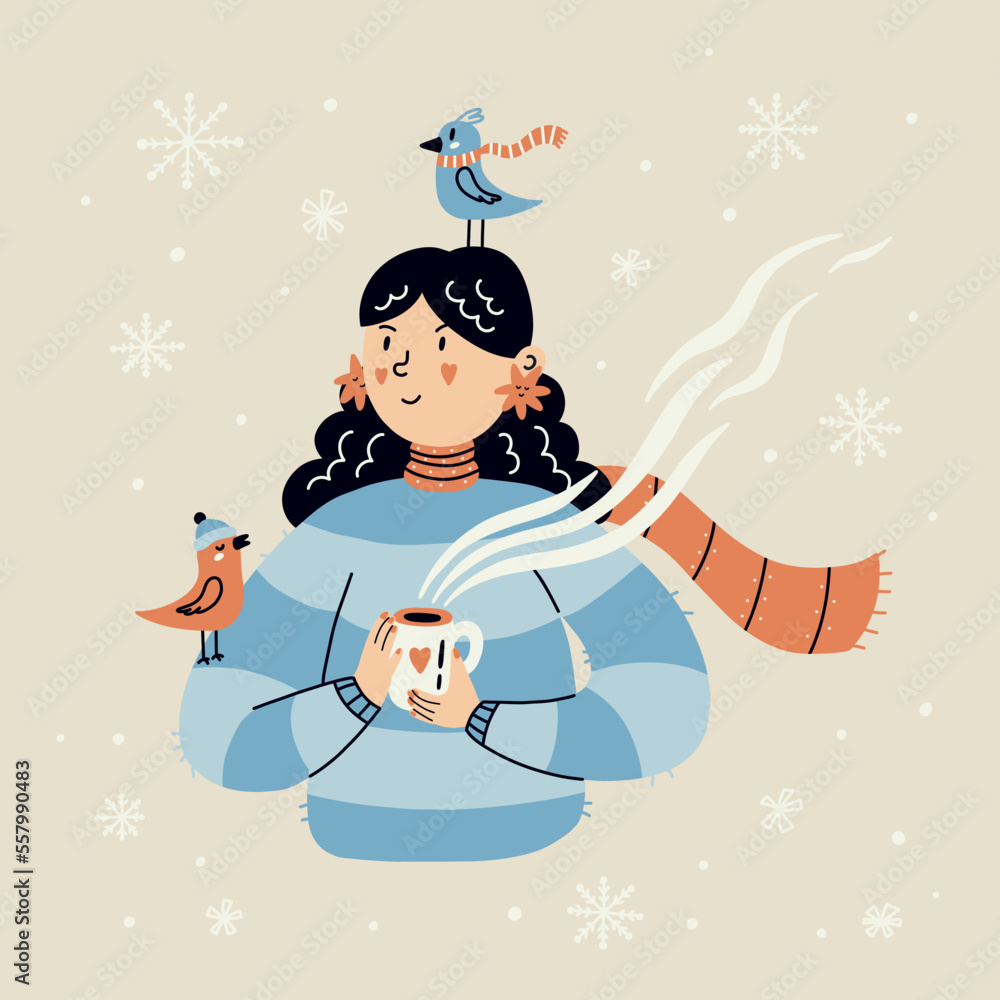 Cute girl in a sweater with a mug of coffee. Vector illustration