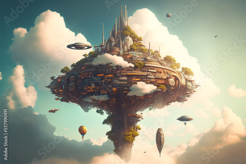 Steampunk futuristic floating cities - Created with Generative ai technology #557990491