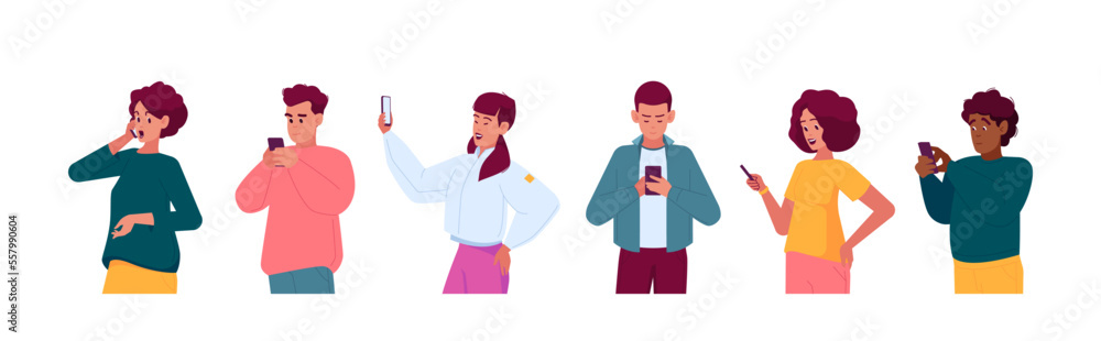 People With Phones Chatting, Talking, Text Messages, Making Selfie. Male And Female Characters Communicate