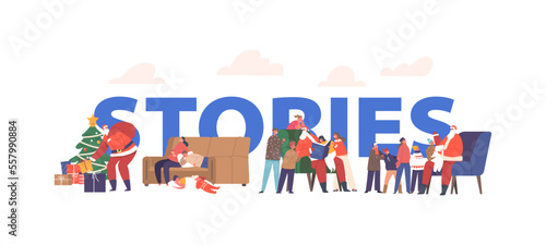 Christmas Stories Concept with Santa Claus Reading Fairytale to Kids, Children Sleeping while Father Noel Bringing Gift