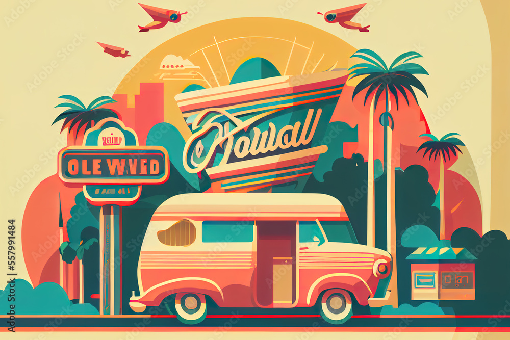
Bright design in the spirit of 80-90 years. Retro car on the background of the city and palm trees. Illustrations in vintage style. Gen Art