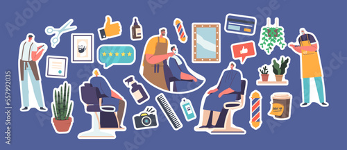 Set of Stickers Male Characters Visit Barbershop for Haircut. Hairdresser Barber, Client In Men Beauty Salon Patches