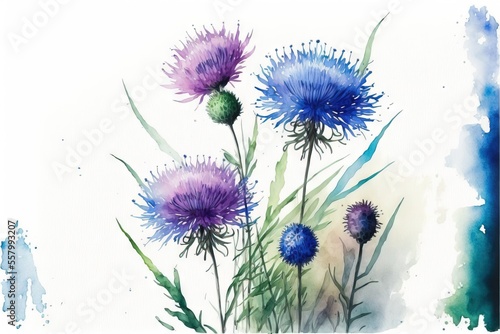 a painting of a bunch of flowers on a white background with blue and purple colors and watercolors.