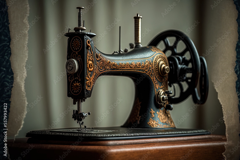A close up of a handmade, rural sewing machine. Generative AI