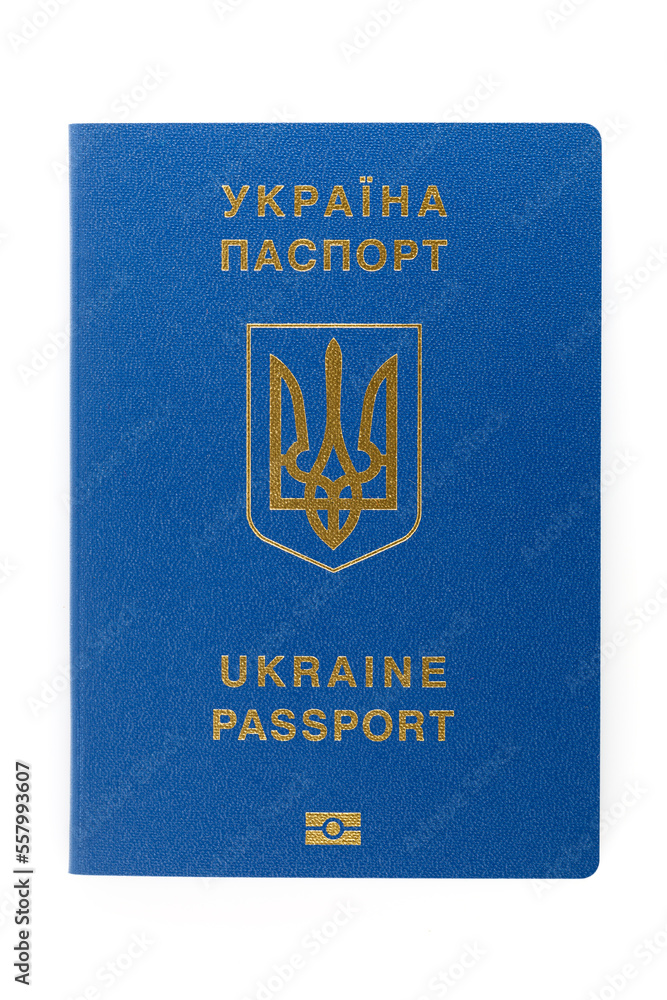 Ukrainian foreign passport, isolated on white background. Inscription in Ukrainian Ukraine Passport. Close-up. Ukrainian foreign passport, isolated on white background. Inscription in Ukrainian Ukraine Passport. Close-up.