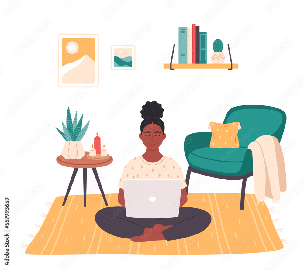 Fototapeta premium Black woman sitting with laptop in living room. Woman working on computer. Freelance, work from home, remote working. Cute interior with modern furniture. Hand drawn vector illustration