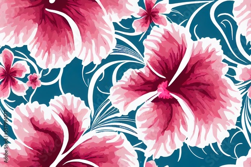 Abstract hibiscus and tribal motifs on a vintage seamless background from Hawaii. Generative AI