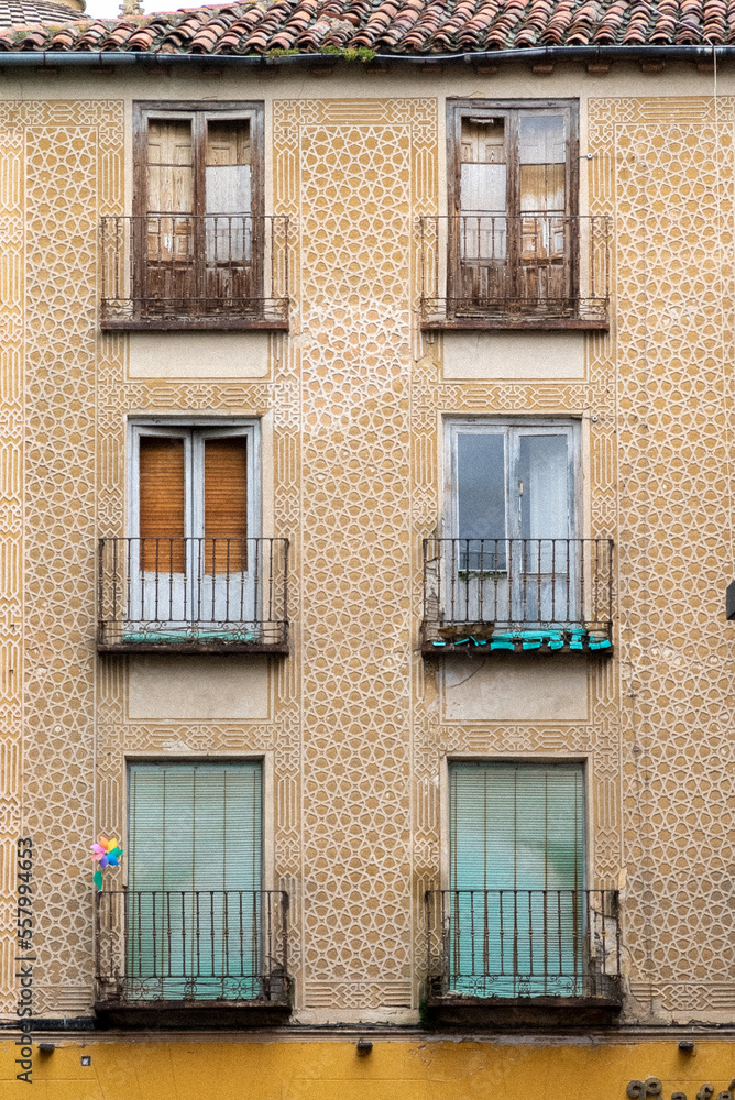 Segovia, España. April 28, 2022: Architecture and facade with sgraffito technique in Segovia.