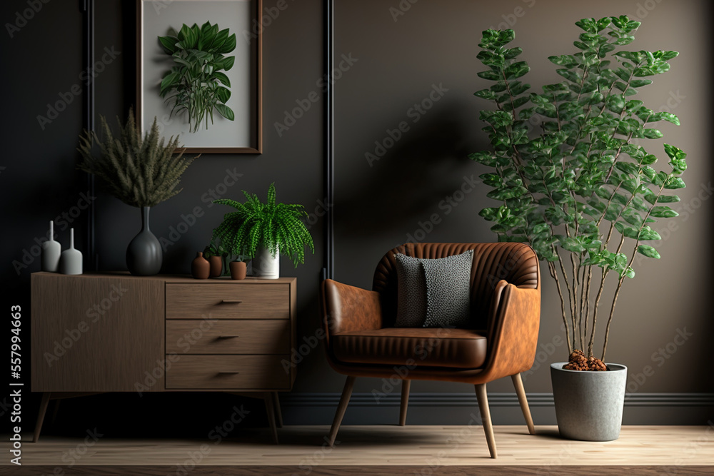 With plants, a dresser, an armchair, and other furnishings, the room is brown. mock up for an illustration. Generative AI