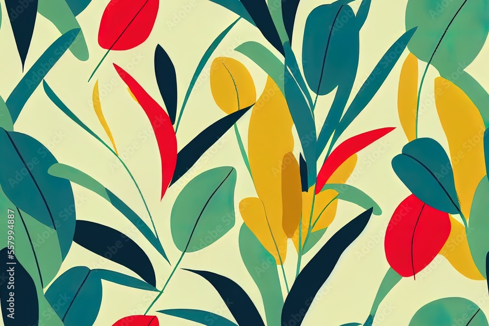 A modern, exotic jungle plant design in bright colors. Incorporate many modern seamless patterns into a collage. Decoration in the manner of a hand-drawn cartoon. Generative AI A modern, exotic jungle plant design in bright colors. Incorporate many modern seamless patterns into a collage. Decoration in the manner of a hand-drawn cartoon. Generative AI