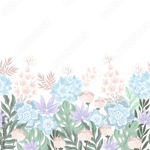 Fototapeta Naklejka Na Ścianę i Meble -  Beautiful garden blossom flowers. Vector hand drawn illustrations. Seamless border pattern with floral theme