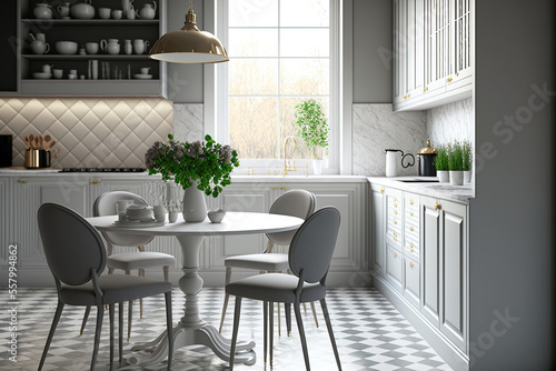 An elegant kitchen s interior features white cabinets and worktops  a tiled floor  and walls made of marble and gray. a circular dining table with chairs. Generative AI