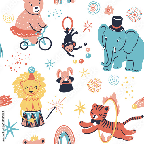 Spectacular animals in circus. Seamless pattern with hand drawn Vector illustrations
