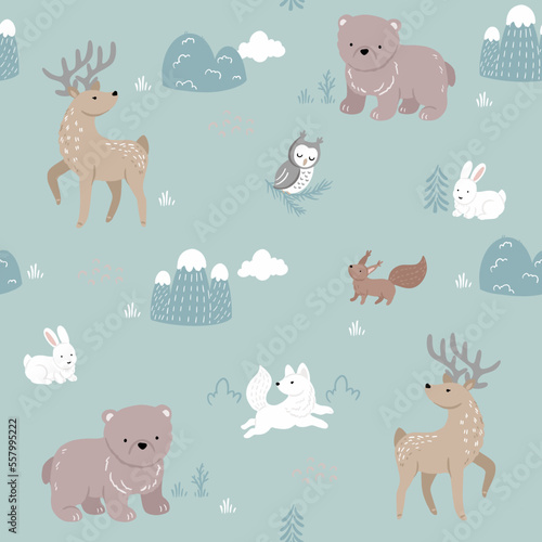 Deer  bear  polar fox  hare  owl  squirrel. Seamless pattern with hand drawn illustrations with Northern animals theme 