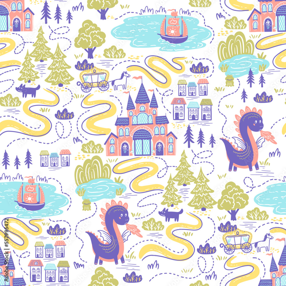 Castle, dragon, magic forest. Seamless pattern with vector hand drawn illustrations with princess fairy tail theme
