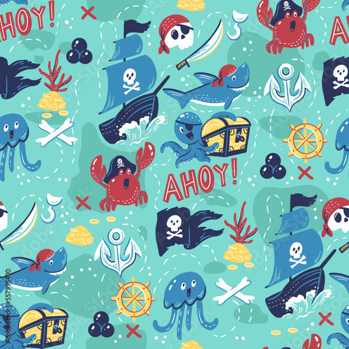 Ahoy- crab, sea, underwater, treasures, shark, octopus. Seamless pattern with vector hand drawn illustrations with pirate theme