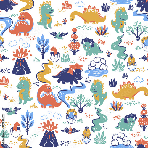 Dinosaurs in prehistoric world. Seamless pattern with vector hand drawn illustrations 