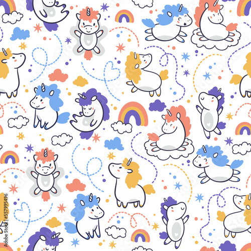 Cute little unicorns with rainbows  stars and clouds. Seamless pattern with vector hand drawn illustrations with kid theme 